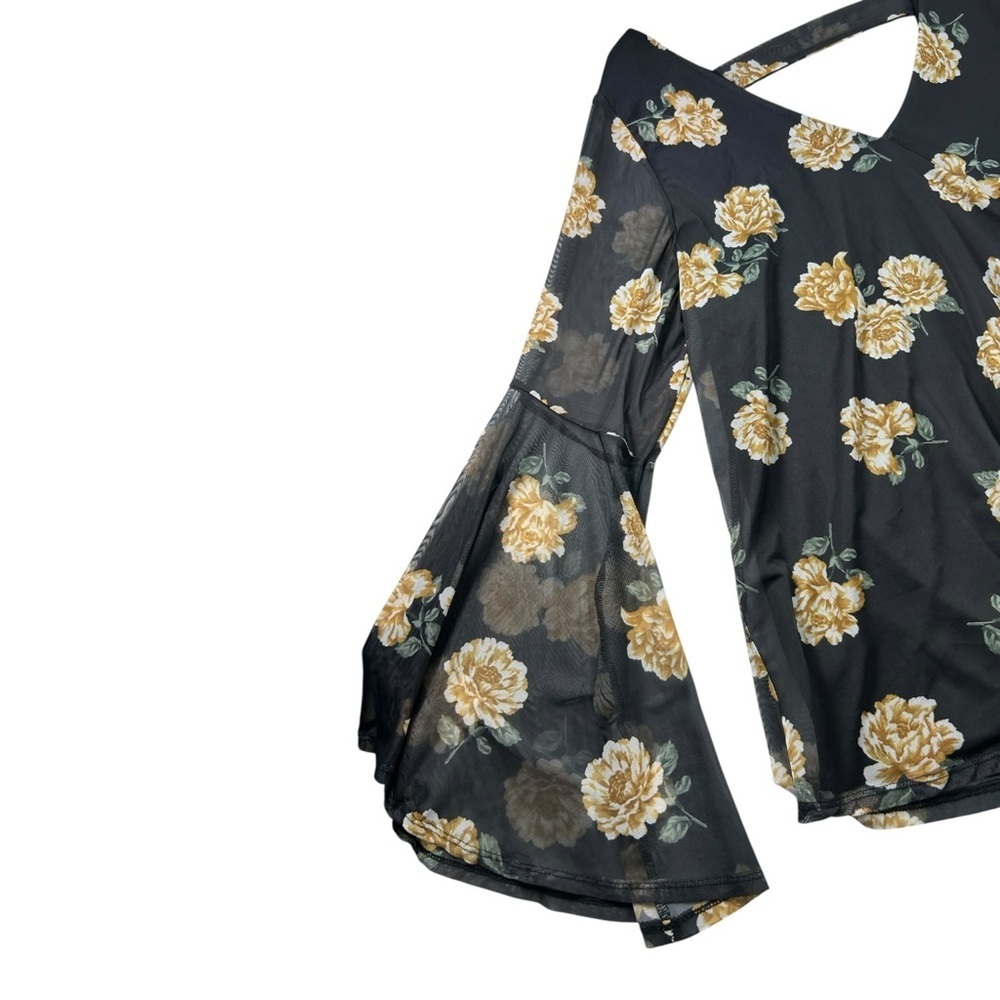Torrid Floral Mesh Blouse Size 3 Black Yellow Long Sleeve Plus Size - Picture 6 of 10